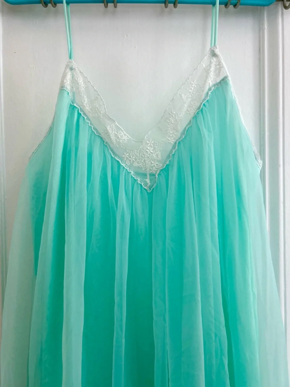 VTG Sabrina by Mervyn’s Turquoise Sheer Nightgown Maxi Satin Slip Dress M - Picture 4 of 6